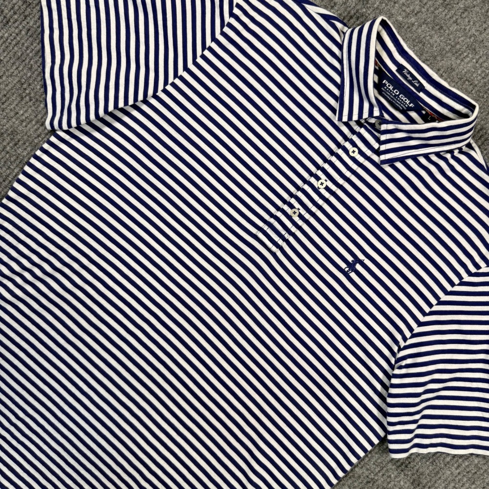 Polo Golf Ralph Lauren Mens Large Blue White Striped Pima Cotton Polo Shirt